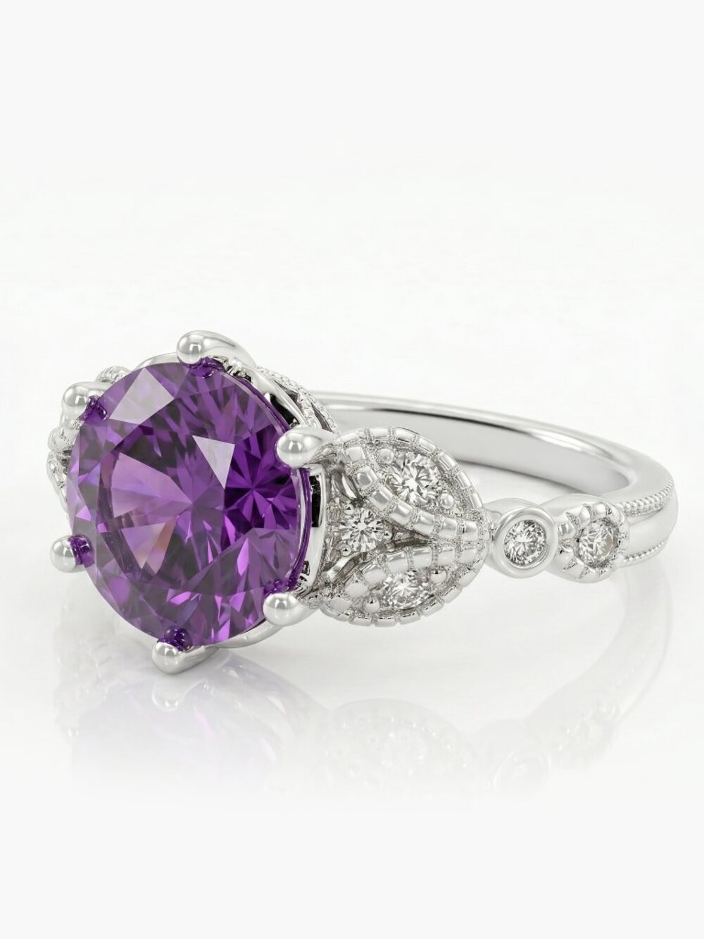 Purple Amethyst Halo Ring in Silver